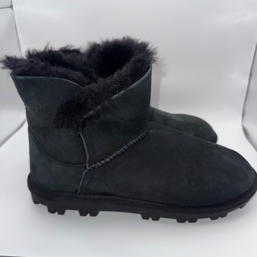 Black Shearling Wool Lined Faux Fur Ankle Boots Y2K Winter Cozy Lug Sole US W6